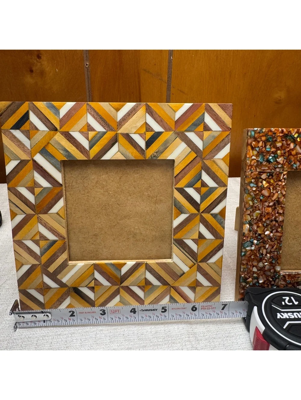 Set of 2 Artisan 4x4 Picture Frames Wood & Mosaic Inlay Boho Tabletop Decor